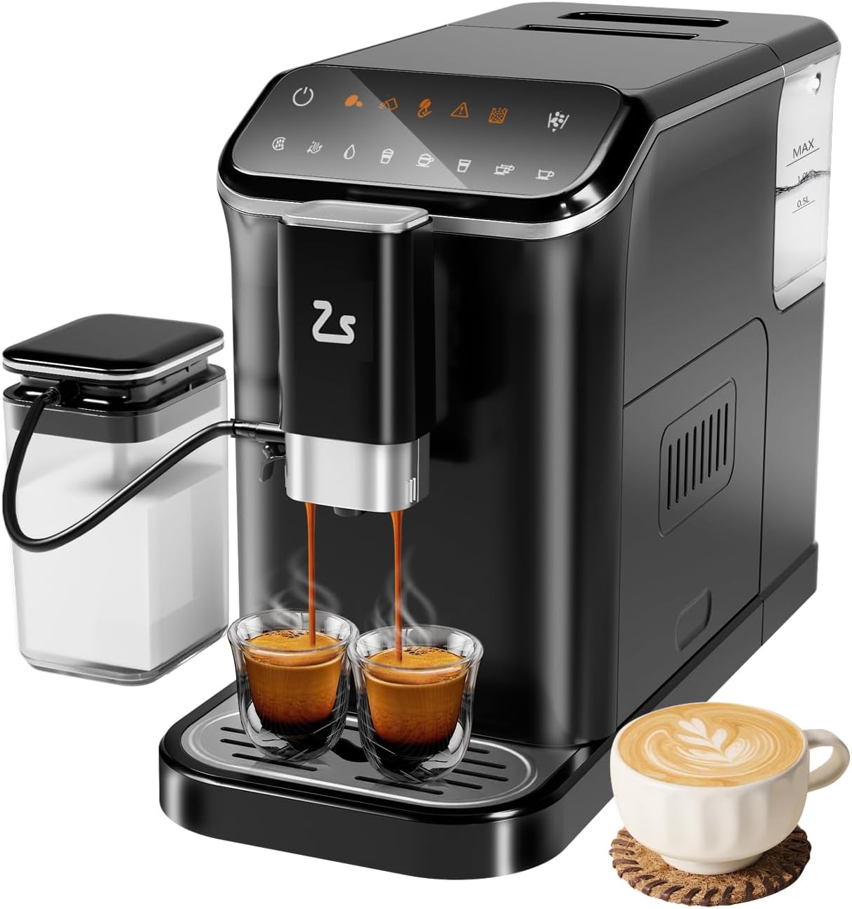 Fully Automatic Espresso Machine - 20 Bar Professional Coffee Maker with PID Temperature Control, Built-In Grinder & Milk Frother, 1.5L Tank, 5 Coffee Options, Touch Display, Black
