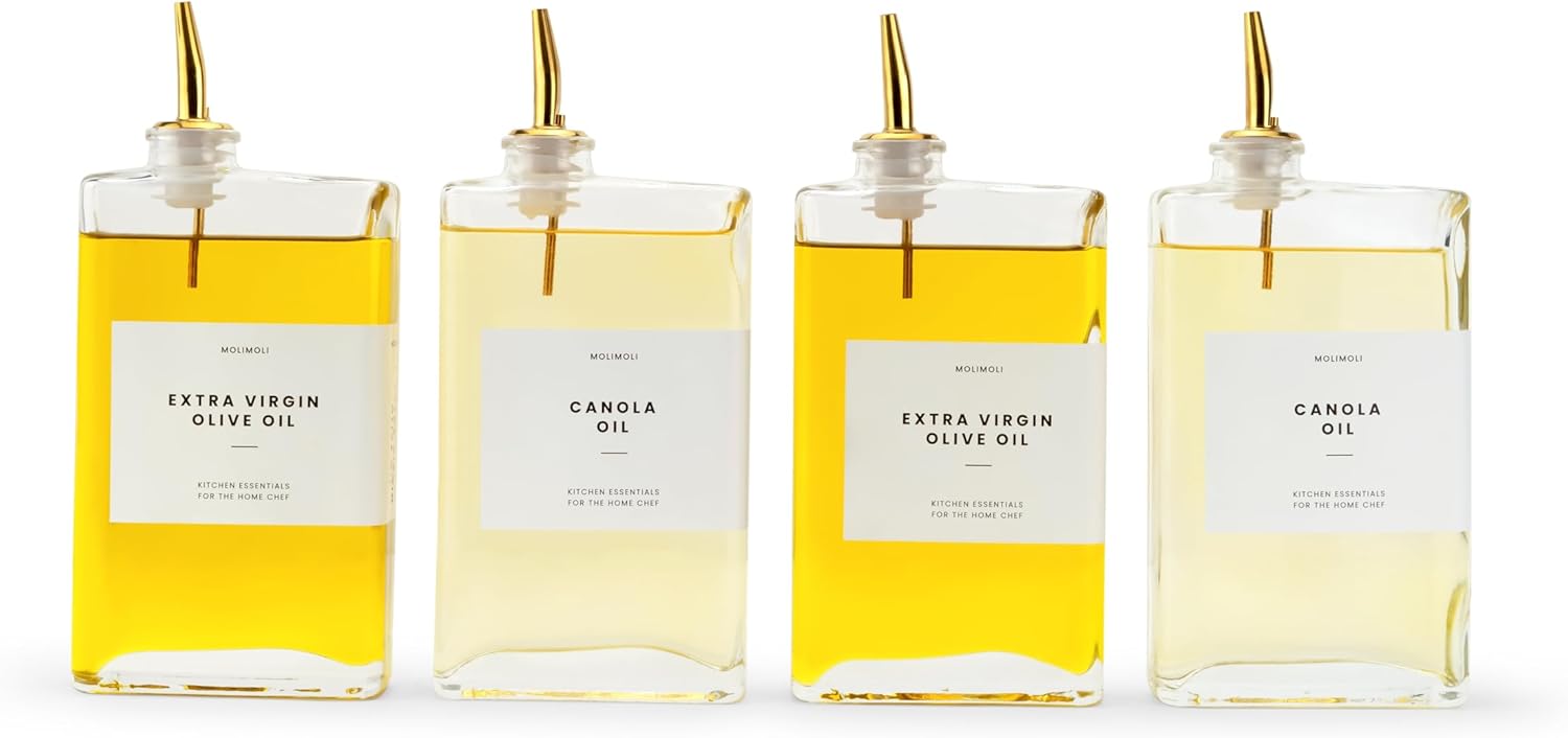 Molimoli Olive Oil Dispenser Bottle for Kitchen, Automatic Pourer, Glass Dispenser for Kitchen, Olive Oil Cruet, | Set of 4 - Gold