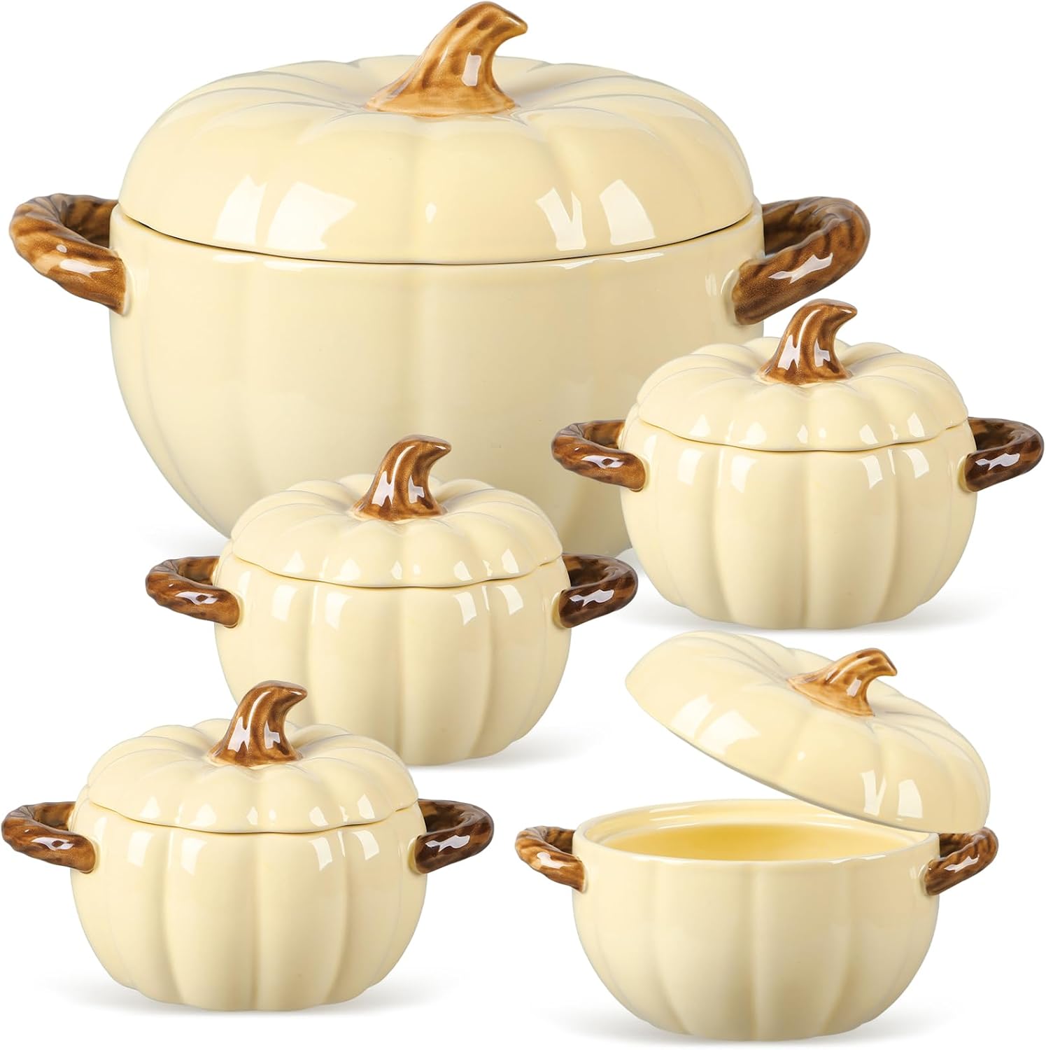 Maxdot Set of 5 Ceramic Pumpkin Bowls with Lid and Handles Pumpkin Shape Soup Serving Pot Storage Jar for Fall Thanksgiving Halloween Party Kitchen Dessert Decoration 17Oz & 54Oz(Cream Yellow)