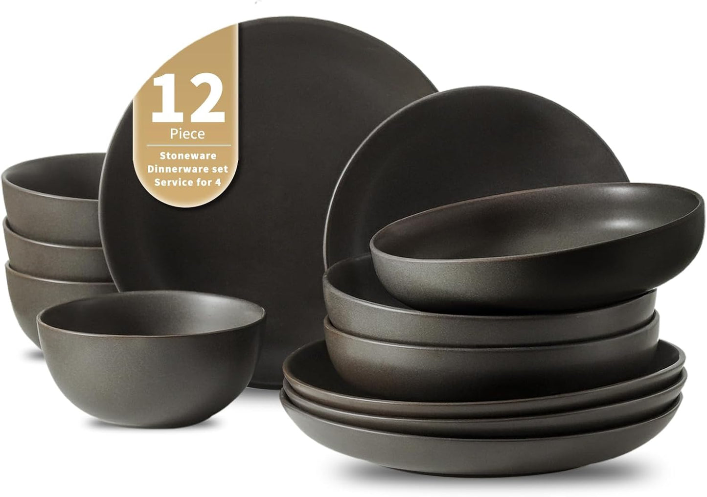 Tikooere Dinnerware Sets, Stoneware Plates and Bowls Sets, Farmhouse 12 Piece Dish Set for 4, Ceramic Plates Set for Kitchen, Scratch Resistant, Dishwasher & Microwave Safe, Matte Black
