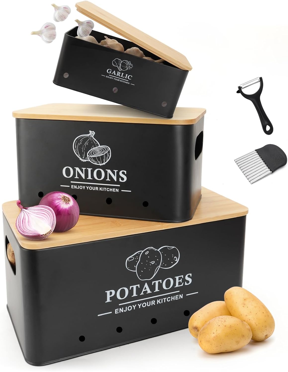 Dekosilave Kitchen Vegetable Storage Set of 3, Metal Onion Garlic Potato Storage Set, Kitchen Canisters Vegetable Keeper Containers with Aerating Holes and Wooden Lid (Black)