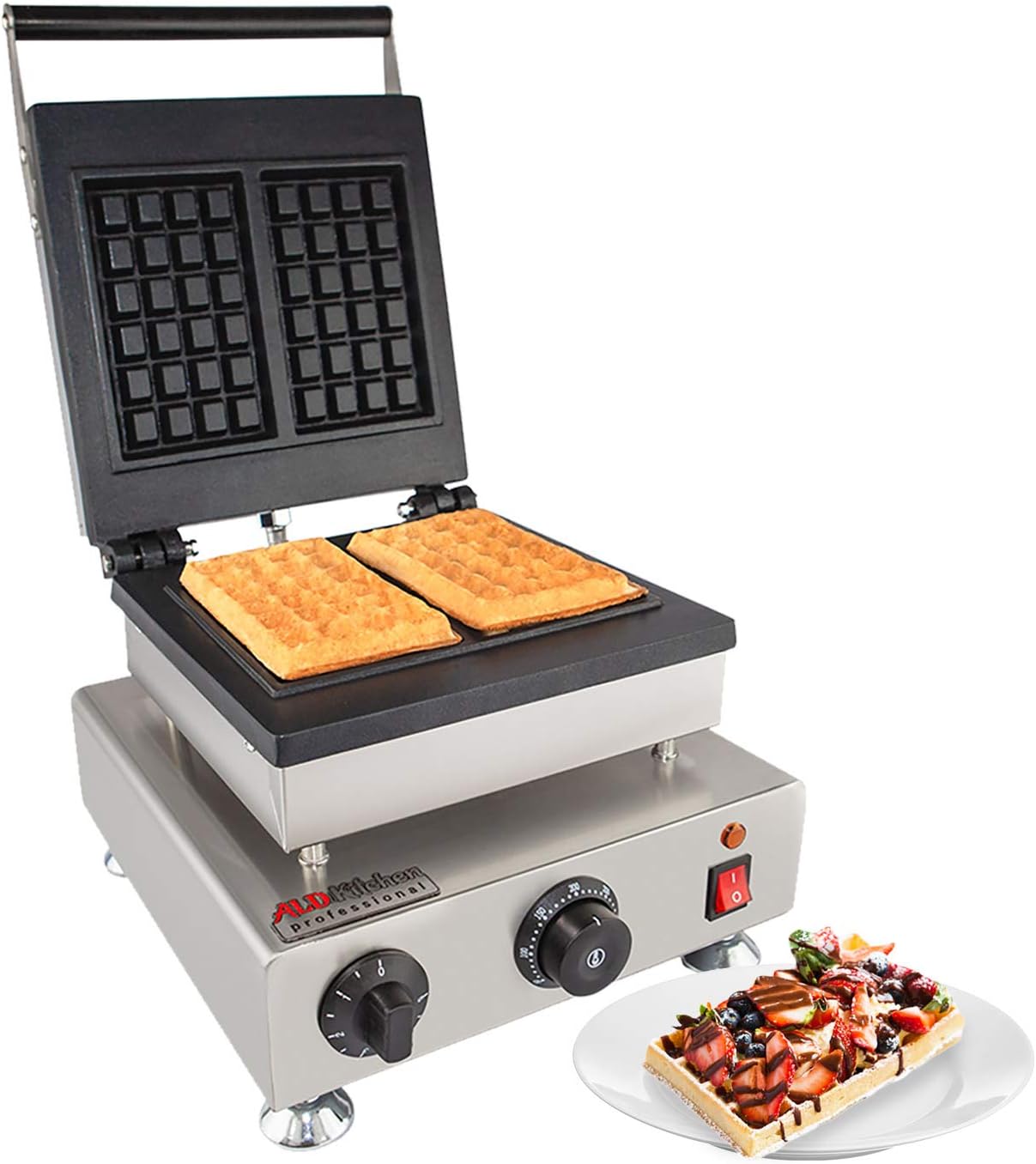 ALDKitchen Belgian Waffle Maker Thick | Press Type | Professional Use | Stainless Steel | Nonstick | 110V (Rectangles)