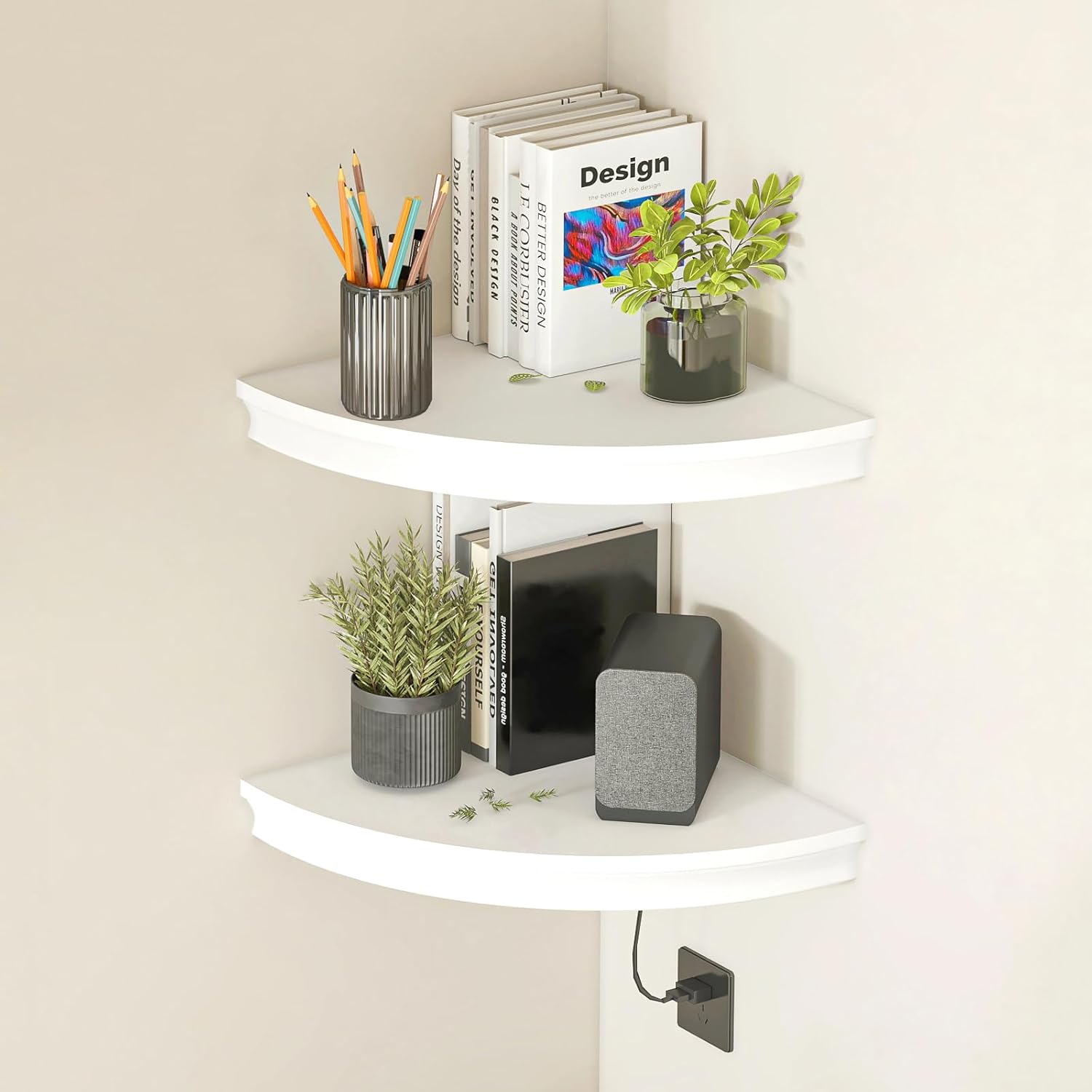 HAO Floating Corner Shelf Invisible Wall Mounted Shelves Radial Shape Cable Wire Hole Pattern Perfect for Bedroom Bathroom Living Room Kitchen Set of 2 White