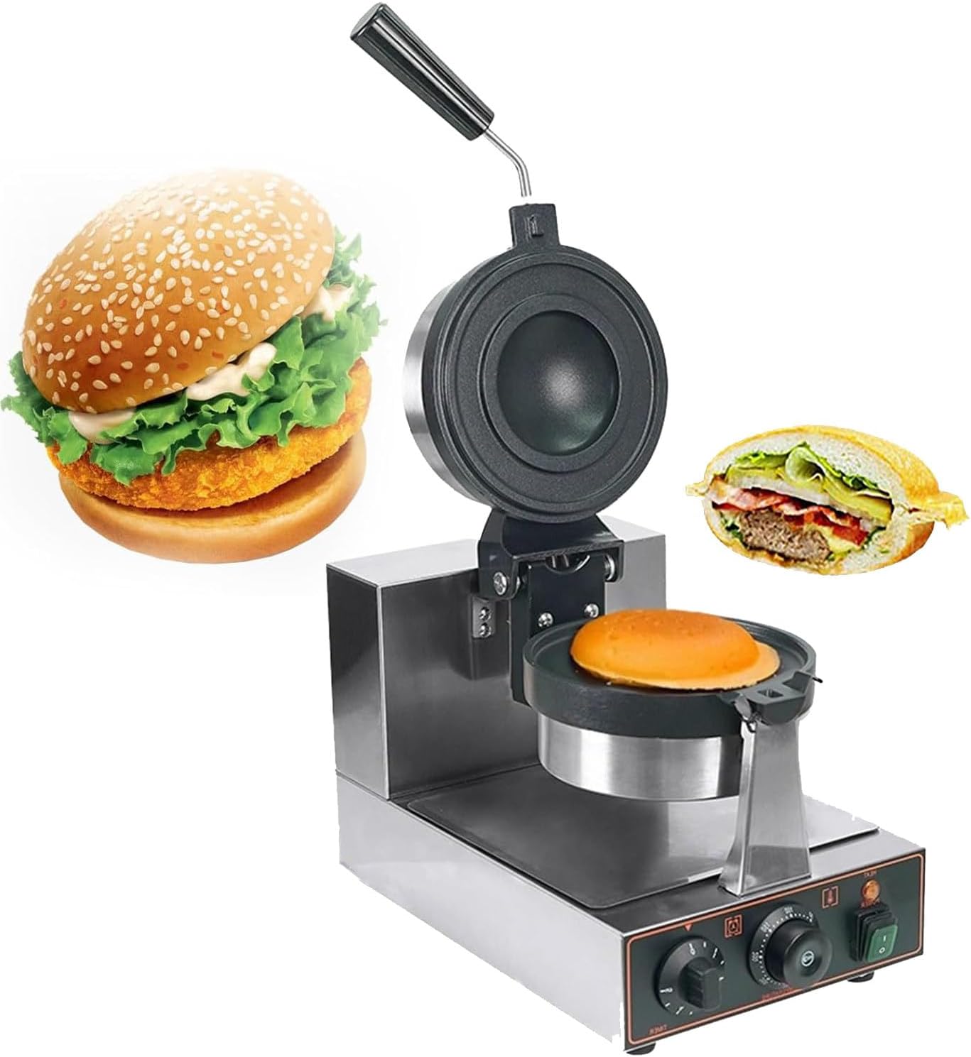 Burger Waffle Maker, 1300W Stainless Steel Nonstick Plates Ice Cream Brioche Hamburger Maker, Cool Touch Thick Handle, Panini Press Machine for Baking Delicious
