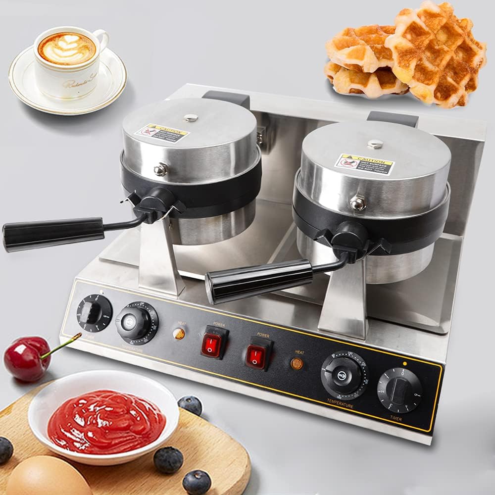 Commercial Dual Head Belgian Waffle Maker Rotating Double Waring Breakfast Maker, Dual Side by Side Rotating Cooking Non-Stick Surfaces