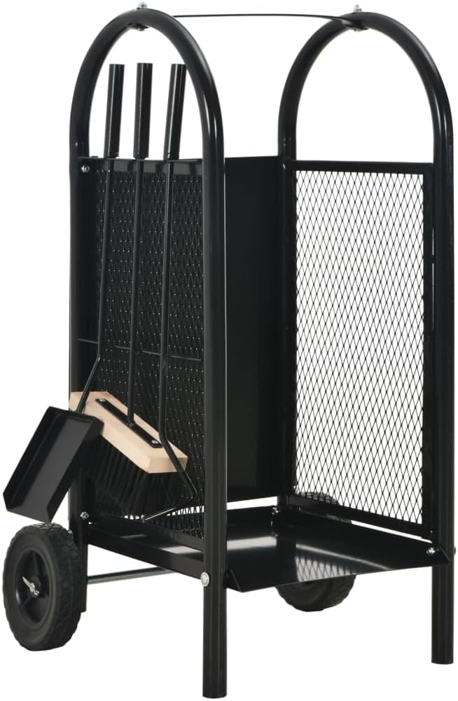 Firewood Cart Black Heavy-Duty Steel Firewood Cart with Log Trolley and Fireplace Tools 11.8"x13.8"x31.9" Steel