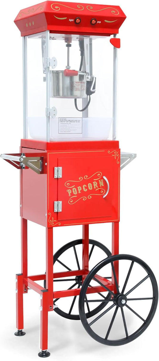 Popcorn Machine with Cart and Wheels, Professional Cart With 6 Oz Kettle Makes, Popcorn Maker with Stainless Steel Scoop, Oil Spoon, Mobile Cart with Lockers for Commercial Home Movie Theater (Red)