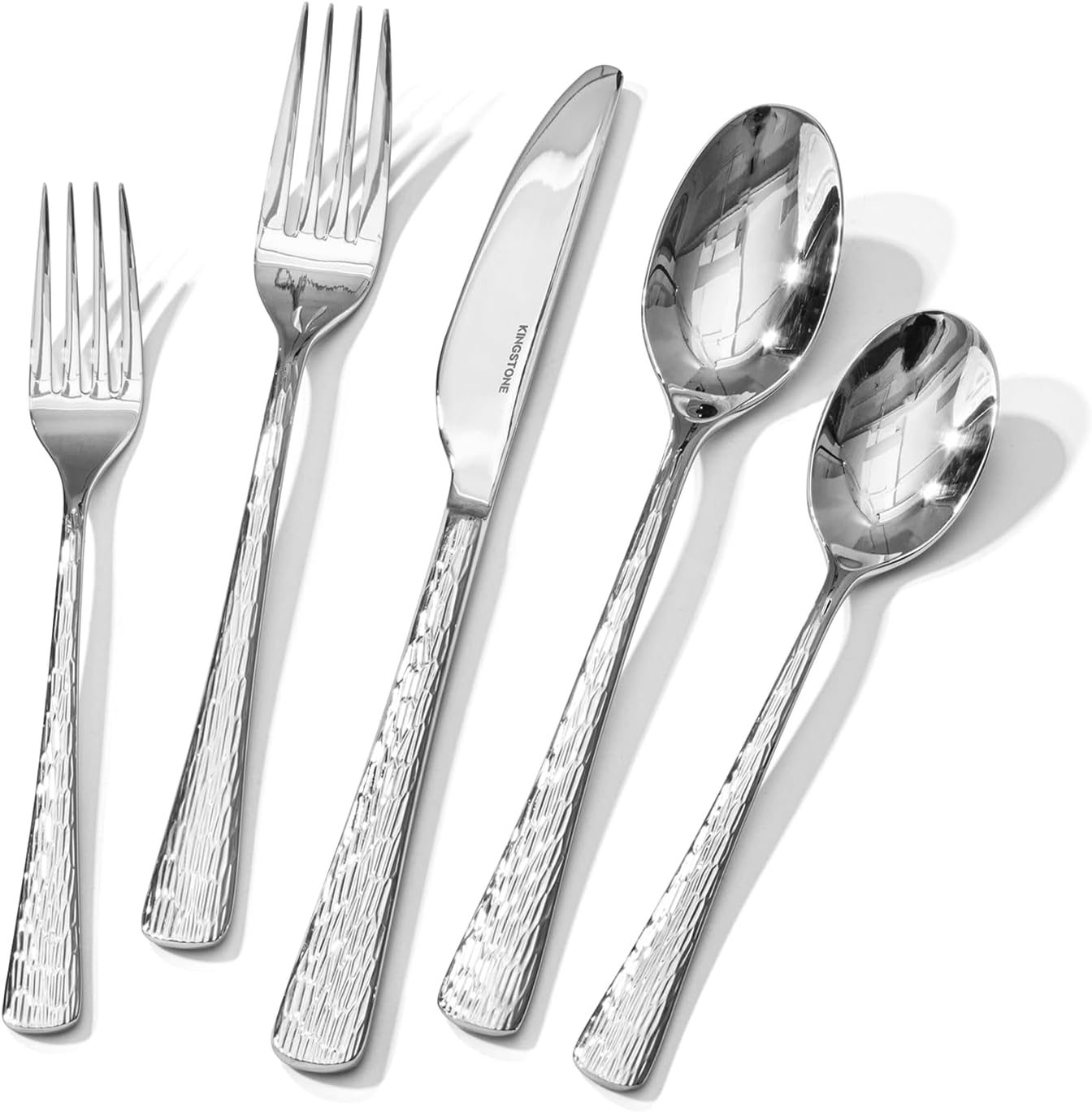 KINGSTONE Hammered Silverware Set, Flatware Set, 18\/10 Stainless Steel Premium Cutlery with Unique Ripple Handles Design Mirror Polished - Dishwasher Safe (30-Piece)