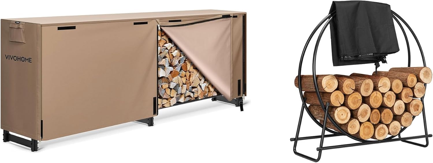 VIVOHOME 8 ft Firewood Rack Outdoor with Cover, Log Holder and Cover Combo Set with Zipper, Brown, with 32-in Firewood Rack Hoop with Cover, Round Log Holder Ring for Indoor Outdoor Patio Deck Porch