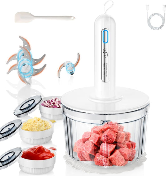 TTFTTF Glass Food Processor with 3 Blades & 4 Bowls (8 Cup + 3x0.5 Cup), Small Food Processor& Meat Grinder - Compact Design for Meal Prep, Baby Food, Sauces - Dishwasher Safe