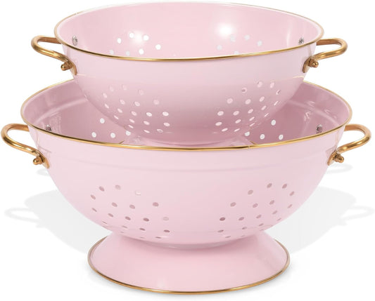 BeFare Metal Colander Set of 2, Strainer Basket with Handles 3.5 & 5 Qt Powder Coated Self-draining Solid Ring Base Metal Large Kitchen Colander Bowel for Pasta Vegetable Fruit (PINK), 2pack