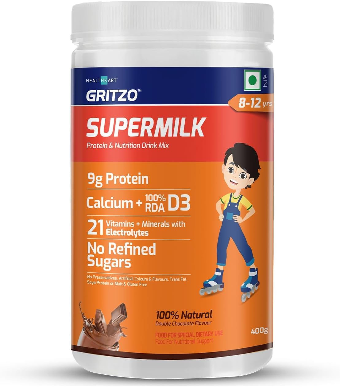 Nutranix BHM Gritzo SuperMilk 8-12 y (Young Athletes), Health Drink for Kids, High Protein (9 g) with Calcium + D3, 21 Vitamins & Minerals, Zero Refined Sugar, 100%...