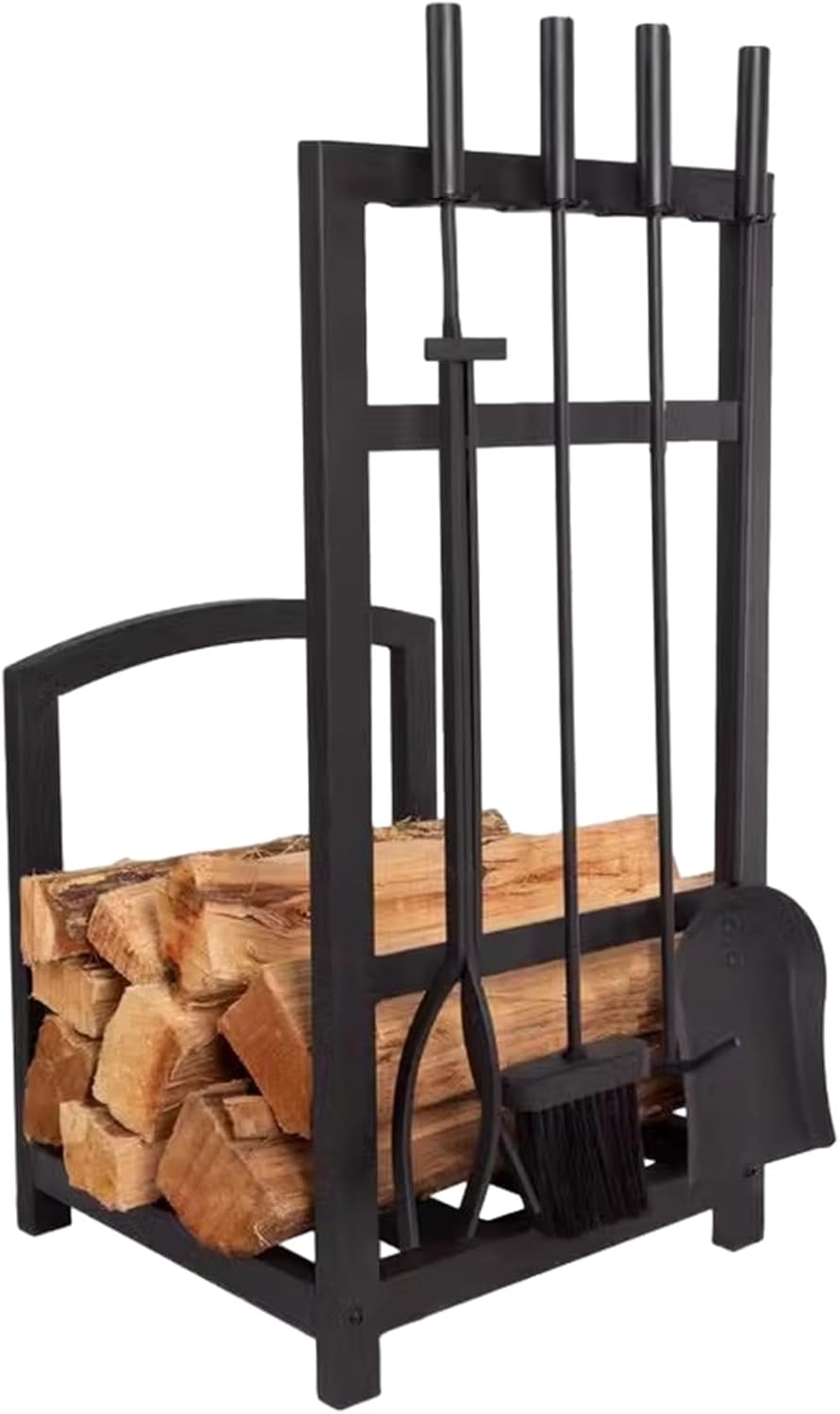 Portable Firewood Rack with Large Capacity, Black Iron Hearth Accessories Kit, Log Rack with Tongs Shovel Brush Poker