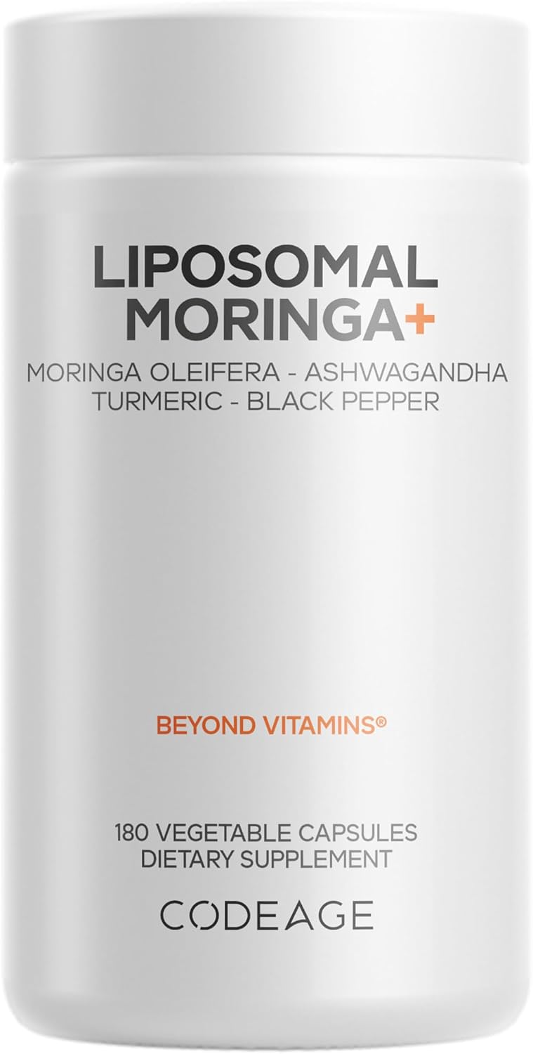 Codeage Liposomal Moringa+ Supplement, 400mg Moringa 50:1 Extract - 20,000mg Moringa Oleifera Leaf Equivalent - Turmeric, Ashwagandha, Black Pepper, 3-Month Supply, Vegan Moringa Powder - 180 Capsules