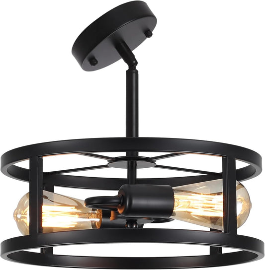 Heircido Industrial Black Semi Flush Mount Ceiling Light,Farmhouse Kitchen Lighting, Sloped Ceilings Lights Fixtures for Dining Room Hallway Entryway, 2-Light