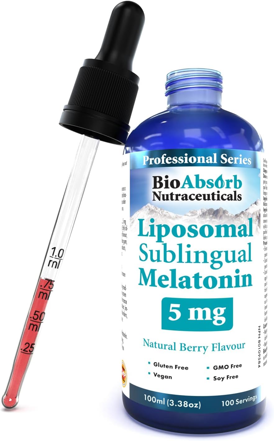 Bio Absorb Liposomal Liquid Melatonin 5mg per Serving. 100-Day Supply. Fast Acting Sublingual Drops. Natural Berry Flavour (3.38oz)
