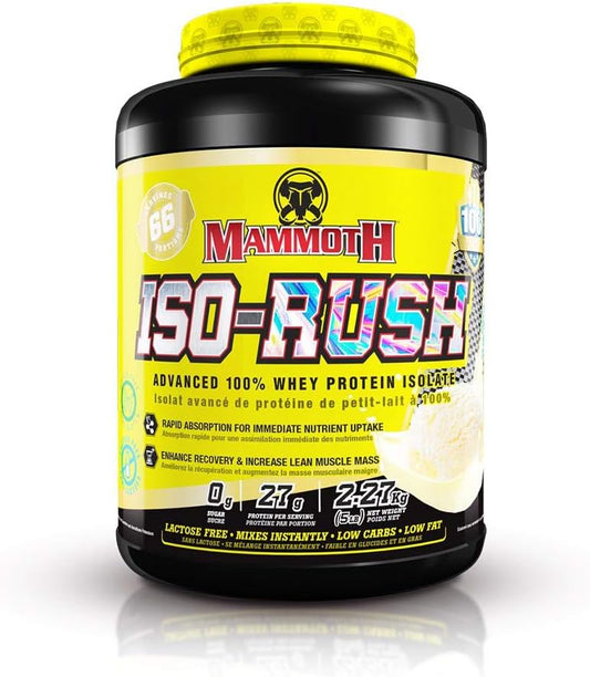 Mammoth Iso-Rush, Premium Whey Protein Isolate, Fast-Digesting, Hormone Free, Cross Flow Micro-Filtered (CFM), Sugar Free, Bioactive, Lactose Free, Gluten Free 5 LB (Vanilla Ice Cream)