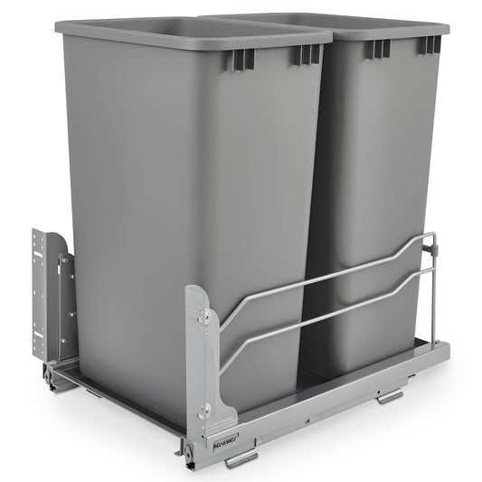 Rev-A-Shelf Double Pullout Trash for Full Height Kitchen Cabinets 50 Quart 12.5 Gallon with Soft-Close Slides, Metallic Silver, 53WC-2150SCDM-217