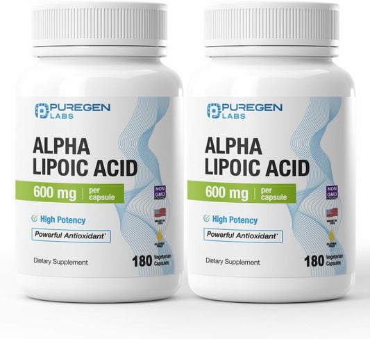 Puregen Labs Alpha Lipoic Acid 600mg [High Potency] Total 360 Veggie Caps, Antioxidant Support | No Harmful Additives | Non-GMO, NO Gluten and Dairy, 600 mg per Capsule - Made in USA - 2 Pack