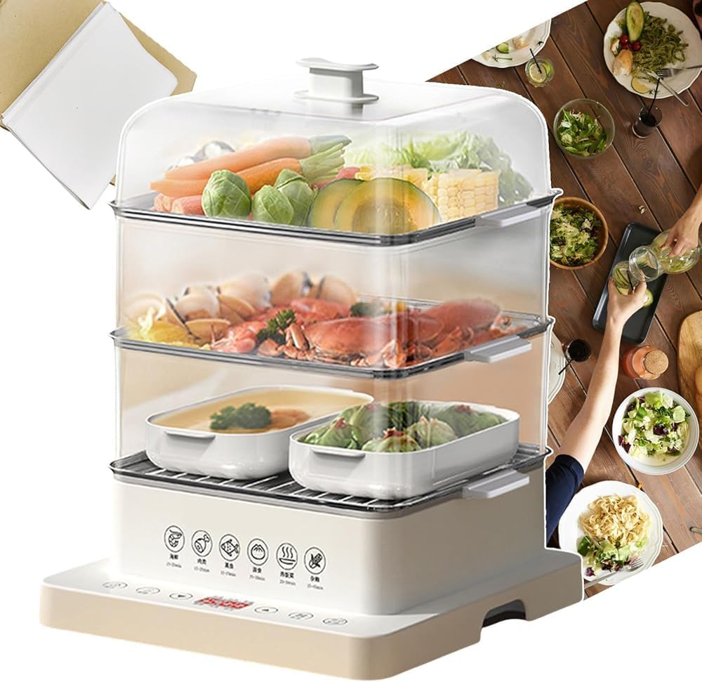 Foldable Steamer with 3 Levels for Home 360° Steam Cycle Food Steamer Detachable Hot Food Heater 12 Hours Automatic Heat Preservation Electric Multicookers for Meat