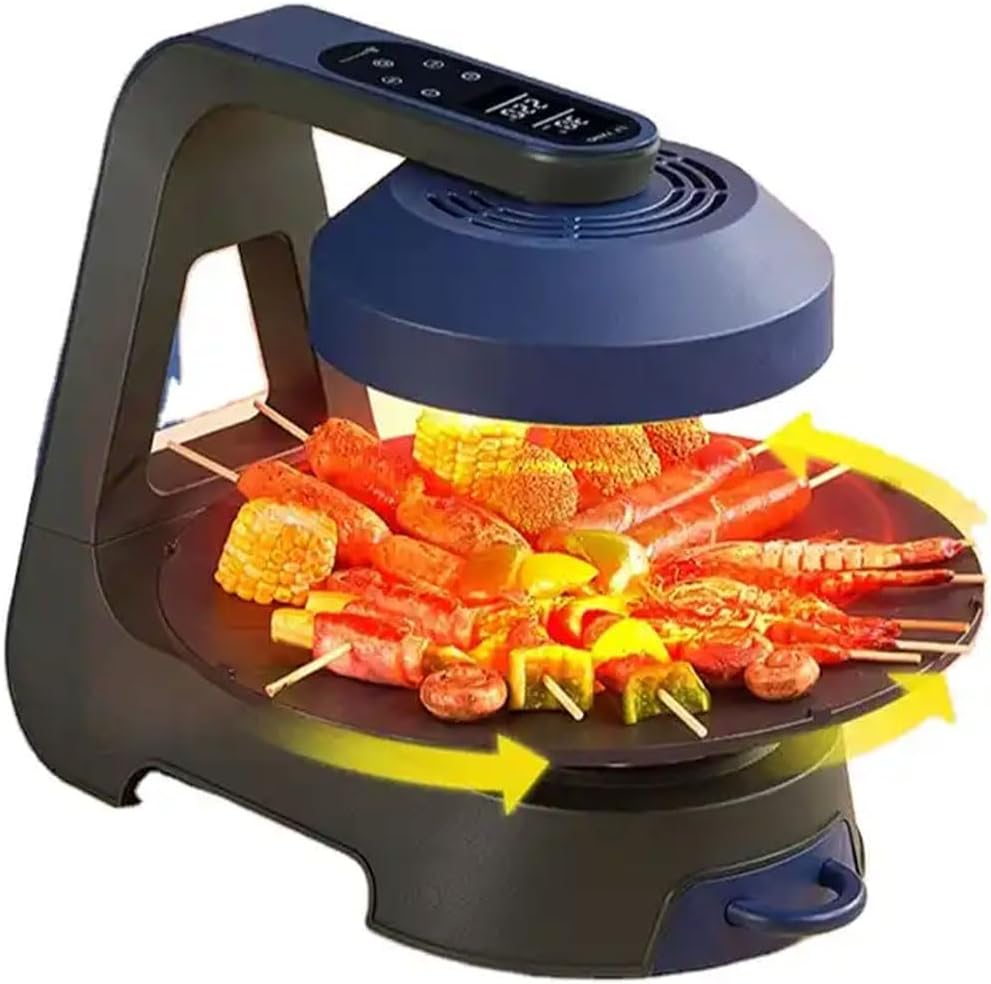 2024 New Smokeless Grill Indoor, 1400W Electric 3D Far Infrared Rapid Heating Grill Griddle, 11 Temperature Levels, 360° Automatic Rotation, LCD Display Barbecue Machine for Home Party Camping