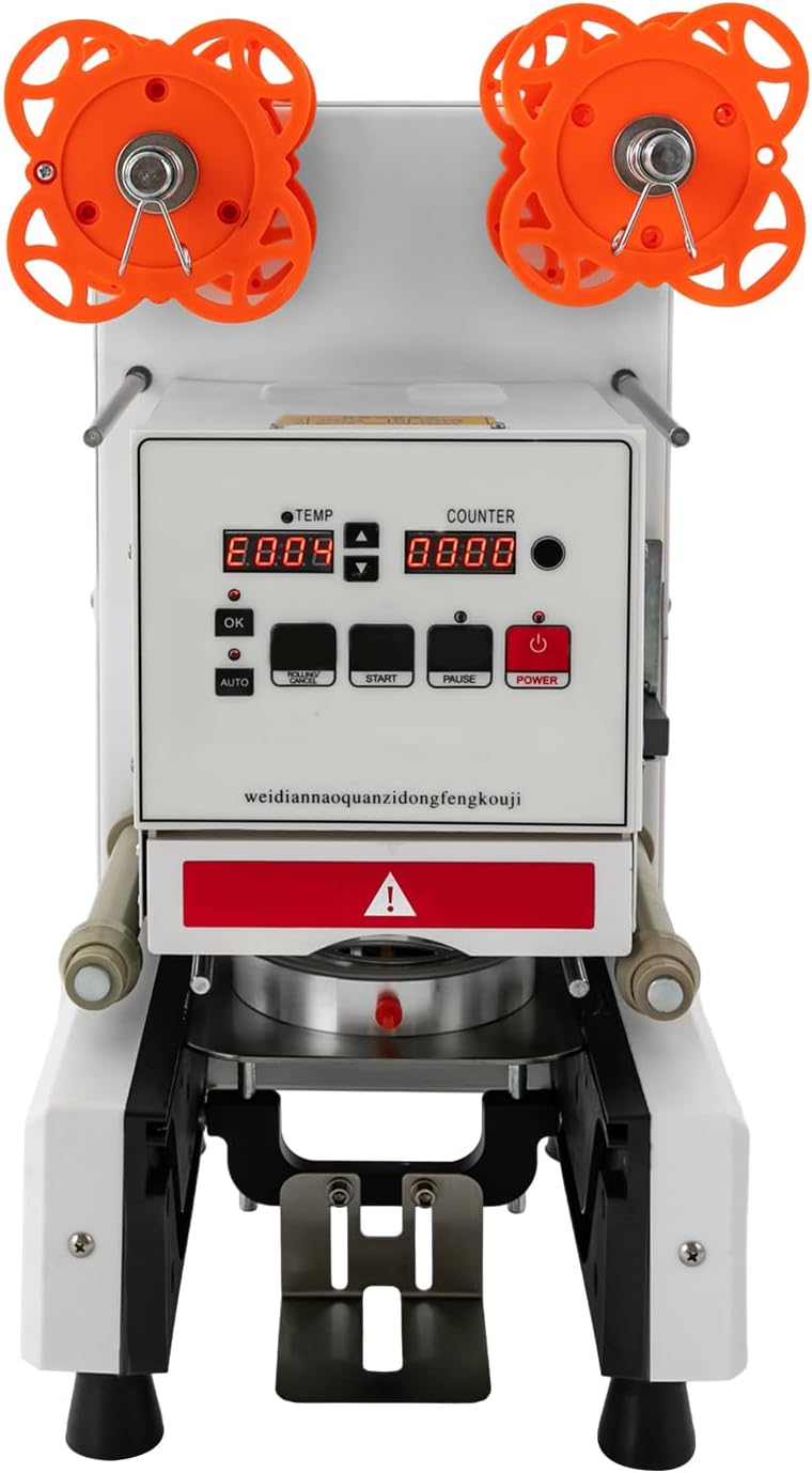 Automatic Sealer Cup Machine 110V 350W Electric Cup Sealing Machine Boba-cup Sealer Machines Milk Tea Sealing Machines for Beverage Store, Restaurant Automatic\/Manual Mode (9.8*15.6*24.4in, White)