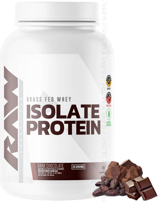 RAW 25g Grass-Fed Whey Isolate Protein Powder, Dark Chocolate Flavor, 25 Servings