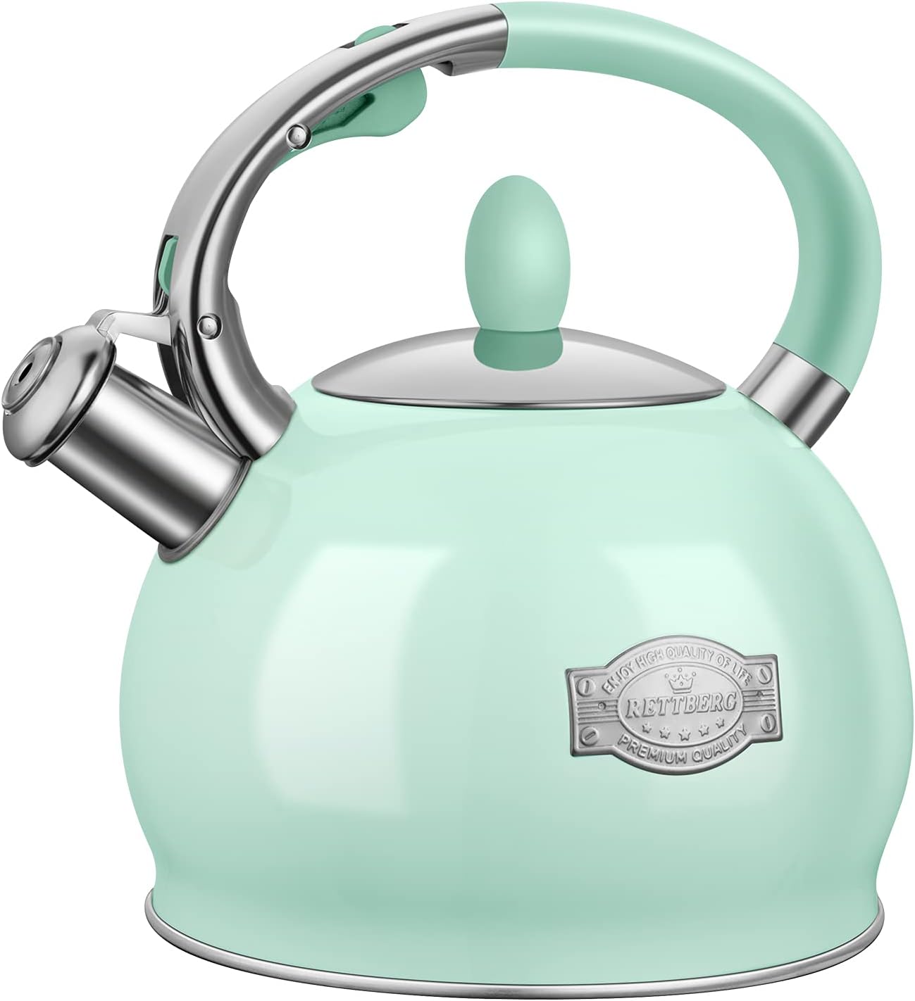 RETTBERG Tea Kettles Stovetop, 2.64 Quart Induction Whistling Tea Kettles Food Grade Stainless Steel Teapots with Cool Touch Handle Mint Green