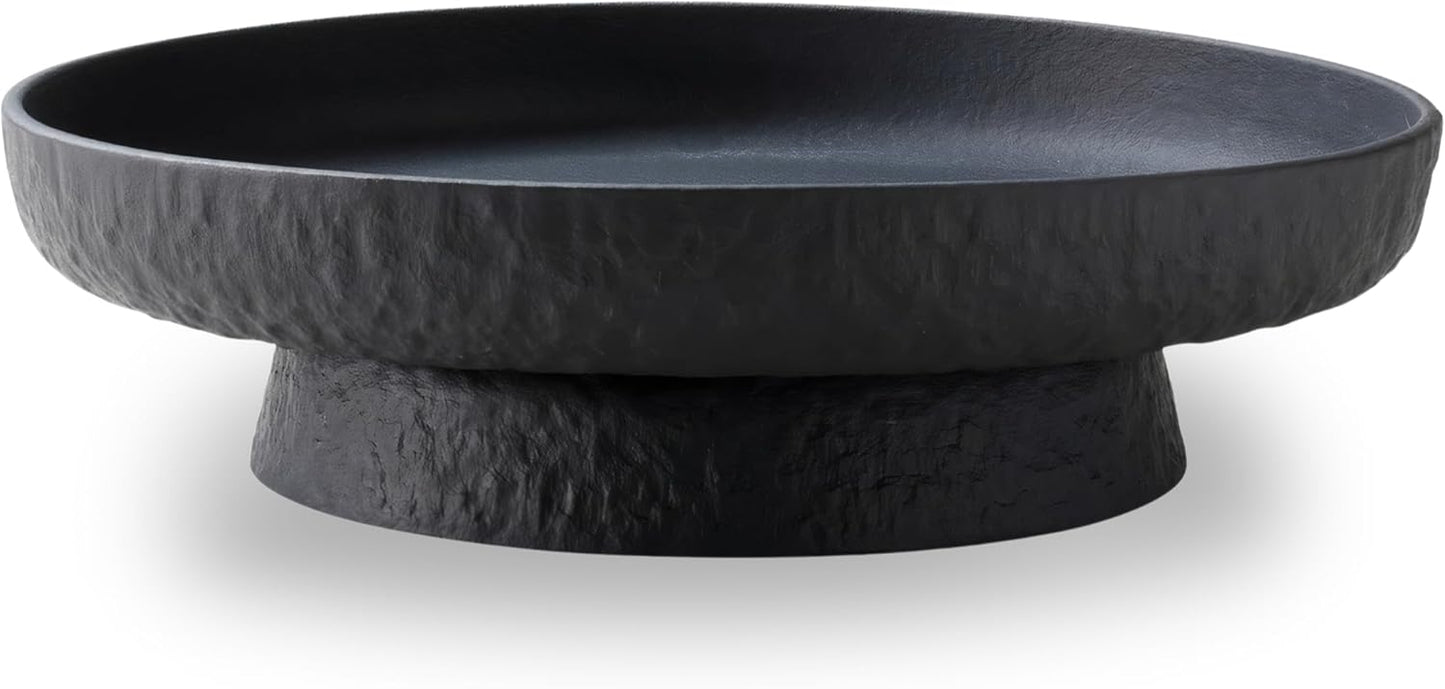 Granite Inspired Matte Black Fruit Bowl | Wide, Shallow Textured Pedestal Bowl | 11 Inch Unique Centerpiece for Table or Decor for Entryway Table