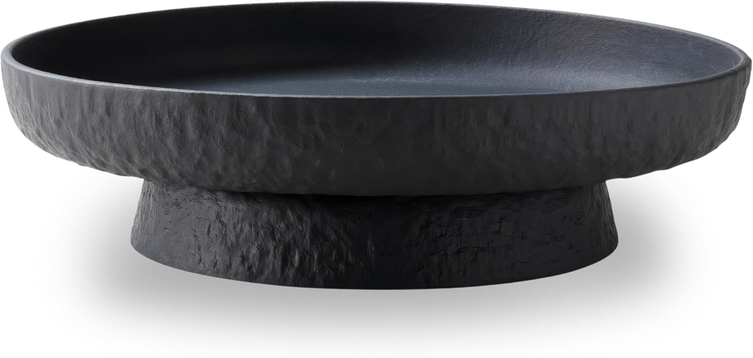 Granite Inspired Matte Black Fruit Bowl | Wide, Shallow Textured Pedestal Bowl | 11 Inch Unique Centerpiece for Table or Decor for Entryway Table