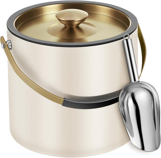 3.2L Modern Insulated Ice Bucket with Silicone Lid, Scoop, Strainer, Double Wall Stainless Steel Ice Bucket for Parties & Cocktail Bar,Ideal for Gift(Pearl White)