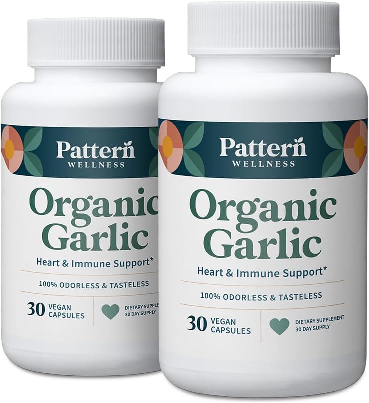 Pattern Wellness Odorless Organic Garlic \u2013 1000mg \u2013 Immune, Circulatory & Heart Health Support \u2013 Non-GMO & Gluten Free \u2013 60 Vegan Capsules