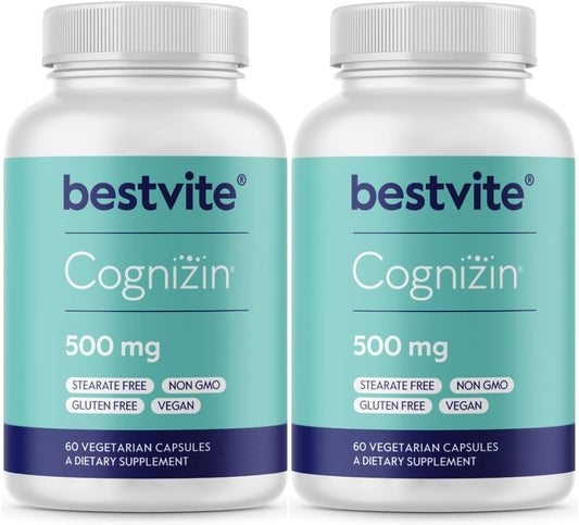 BESTVITE Cognizin Citicoline 500mg (120 Vegetarian Capsules) (60x2) - Clinically Studied Premium Choline Nootropic - No Stearates - Vegan - Gluten Free - Brain Supplements for Memory and Focus