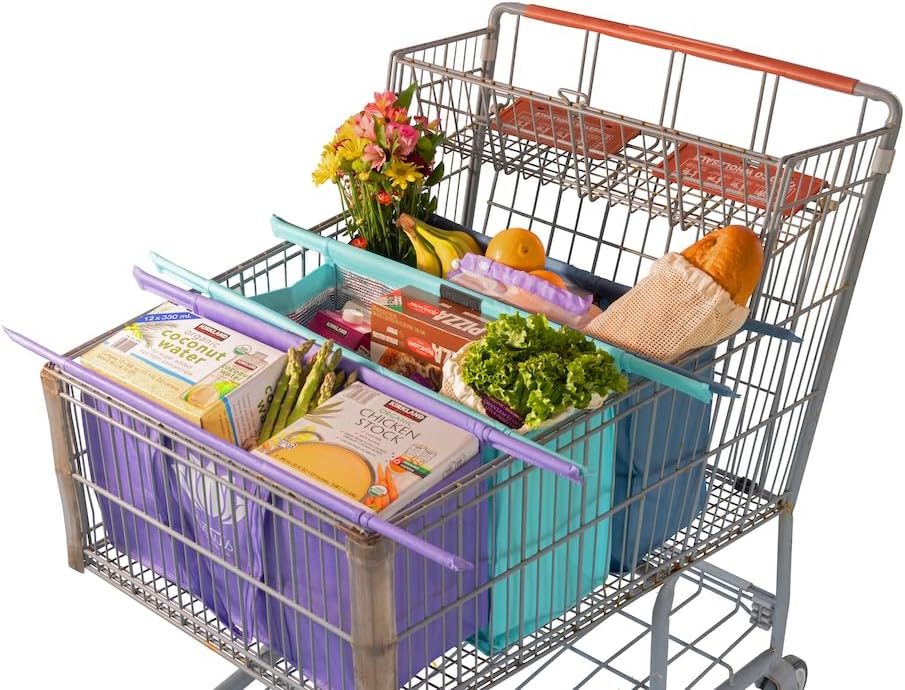 Lotus Club Cart Trolley Reusable Shopping Bags (3-Pack)– Detachable & Reusable Grocery Bags Foldable w/ Insulated Grocery Bag & Egg/Wine Holder– Washable Shopping Totes for Easy Storage & to Save Time