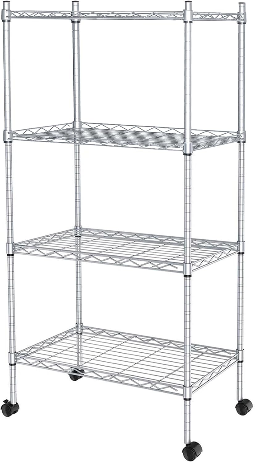 JS HANGER Wire Shelving Unit with Wheels, 4-Tier Adjustable Heavy Duty Metal Shelf Wire Storage Rack for Home Office Garage Kitchen Bathroom, 440 lbs Capacity, 23.23''W X 13.4''D X 47.24''H, Silver