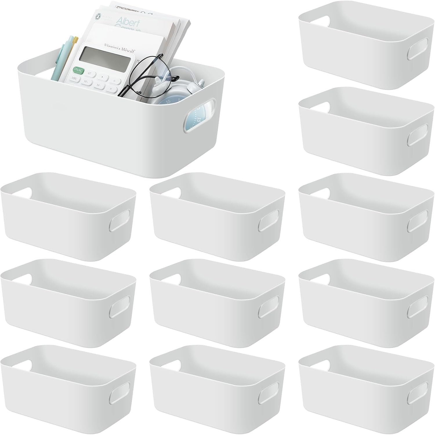 Geetery 12 Pieces Plastic Storage Bins Basket with Handles Toy Organizers and Storage Bins for Home Cupboard Kitchen Bathroom Office Pantry Organization(9.6 X 6.3 X 3.9 Inch,White)