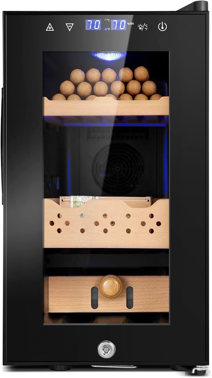 Electric Cooler Cabinet 25L with Temperature and Humidity Control, Spanish Cedar Wood Shelves and Safety Lock (170 Counts Capacity)