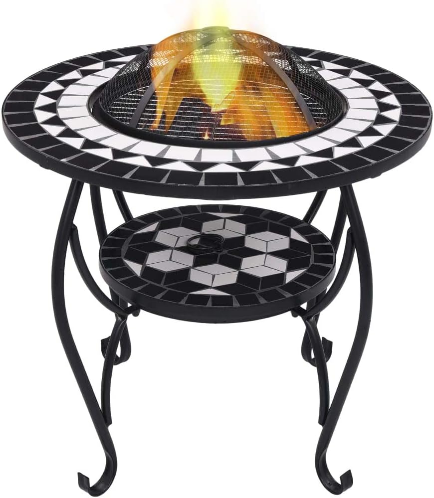 SKM Mosaic Fire Pit Table Black and White 26.8" Ceramic,Black (Weight 49.6KG)