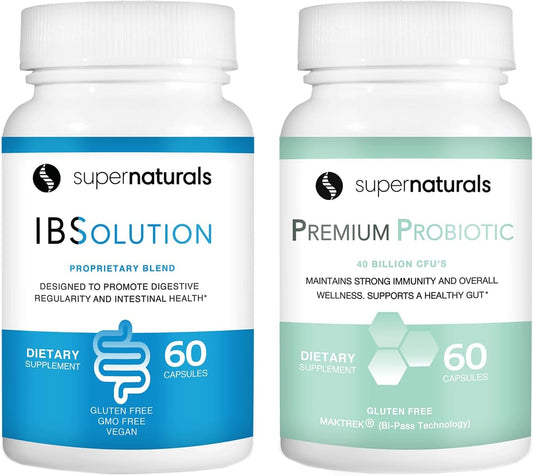 IBSolution Gut Health Bundle - All Natural Gut Health Support & Premium Probiotics w\/ 40 Billion CFU for Support of Irregular Bowels, Bloating, Constipation, Gas, Abdominal Pain - 2 Pack (120 Caps)