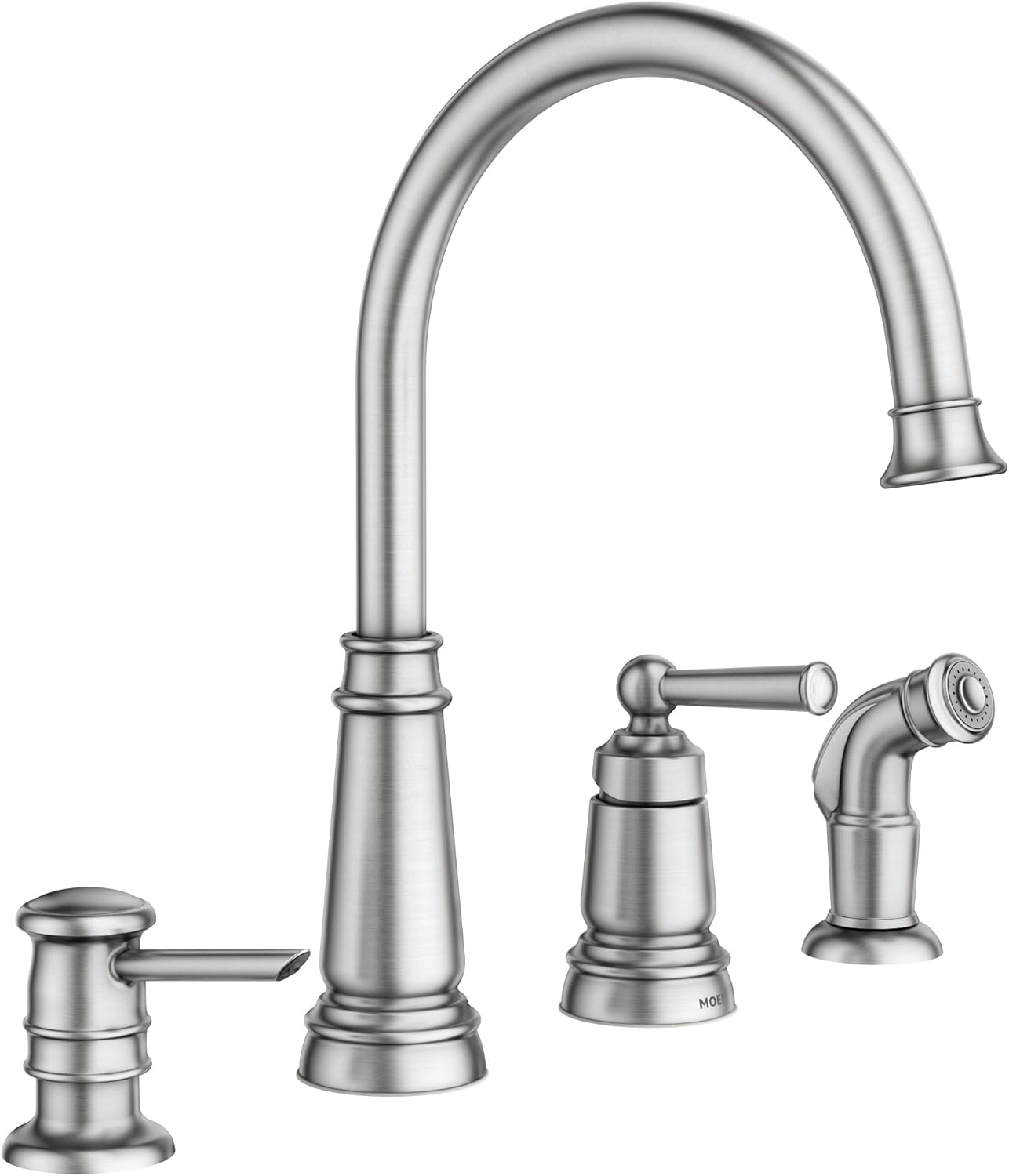 Moen 87042SRS Edison Spot Resist Stainless One-Handle High Arc 4-hole Kitchen Faucet with Side Sprayer and Soap Dispenser