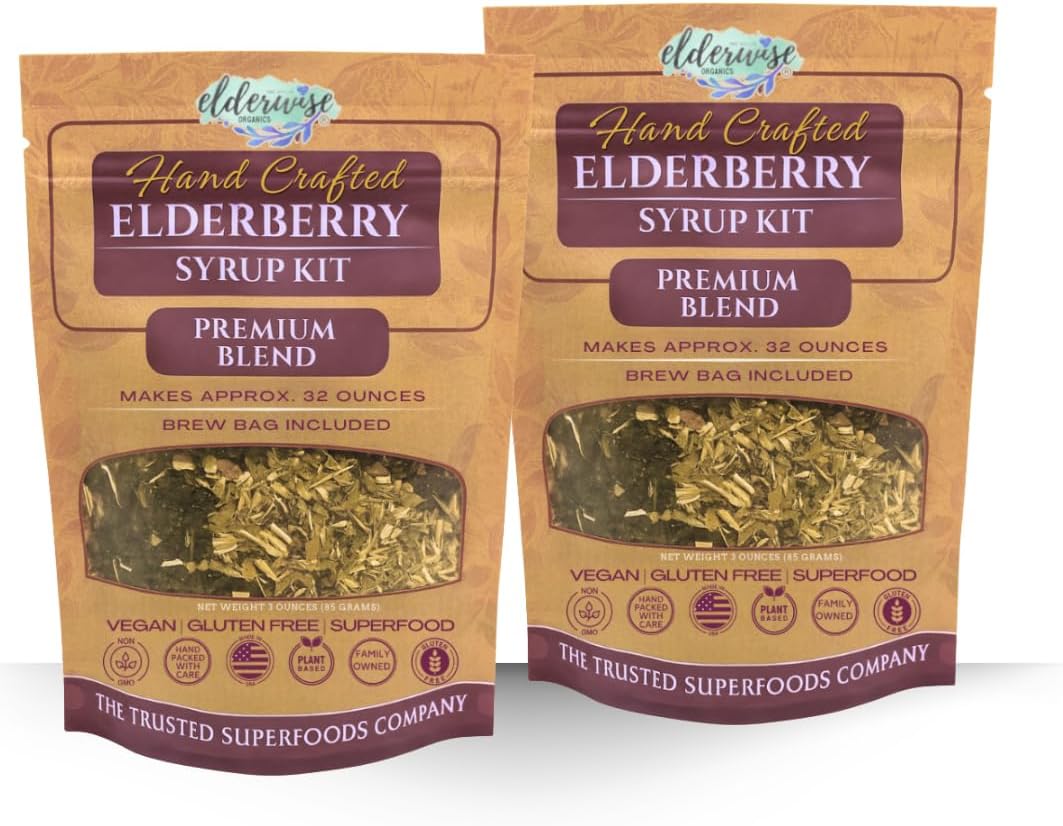 Elderberry Syrup Kits 2X - Each Makes Approx. 32oz - Includes Brewing Bags - Ingredients - Elderberries - Rosehips - Ginger - Echinacea - Cinnamon - Cloves - Elderwise