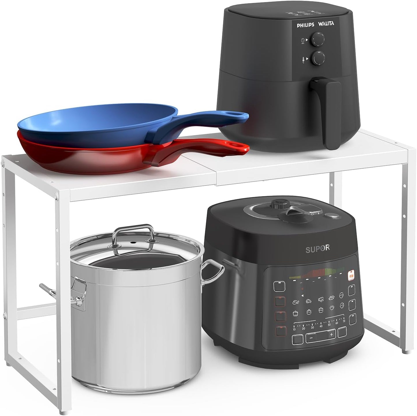 Expandable Kitchen Storage Shelves,110LBS Heavy Duty Metal Shelving Units and Storage For Small Appliance, Adjustable Stackble Storage Shelf Organizer For Kitchen Cabinet Pantry Warehouse Garage,White