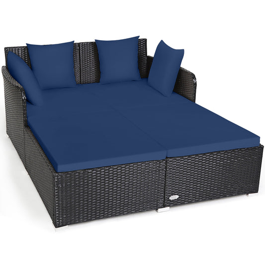 Costway Rattan Outdoor Daybed with Blue Cushions and Rattan Frame