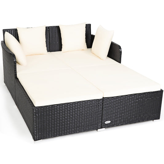 Costway Rattan Outdoor Daybed with White Cushions and Rattan Frame