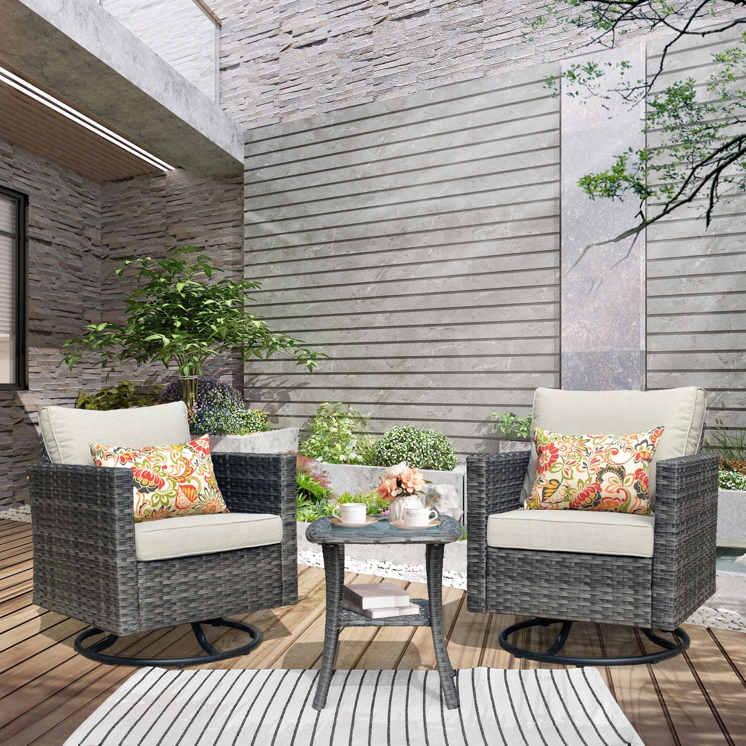 XIZZI Lullaby 3.0 -Piece Rattan Patio Conversation Set with Off-white Cushions