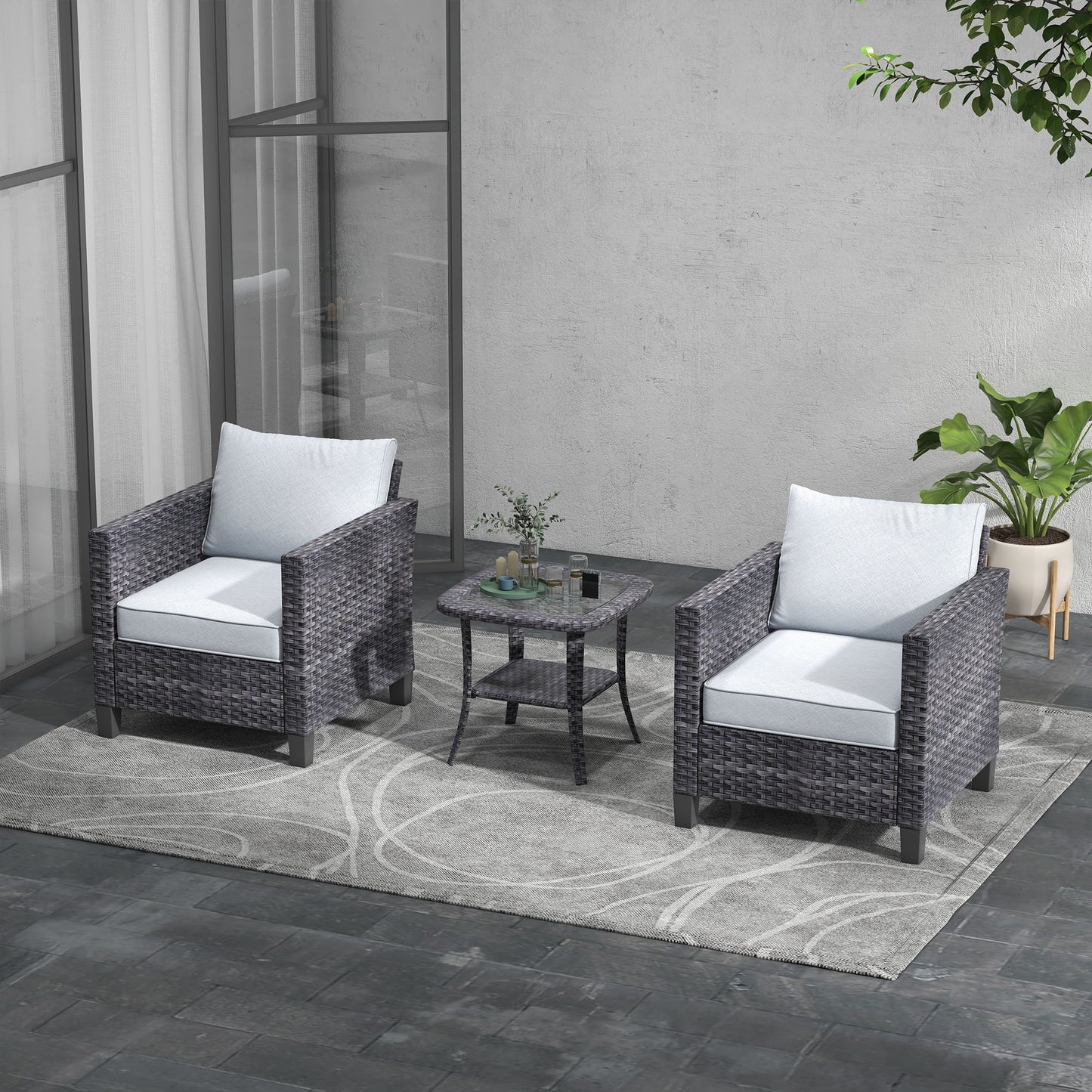 Ovios Set of 2 Rattan Gray Stationary Conversation Chair with Gray Cushioned Seat