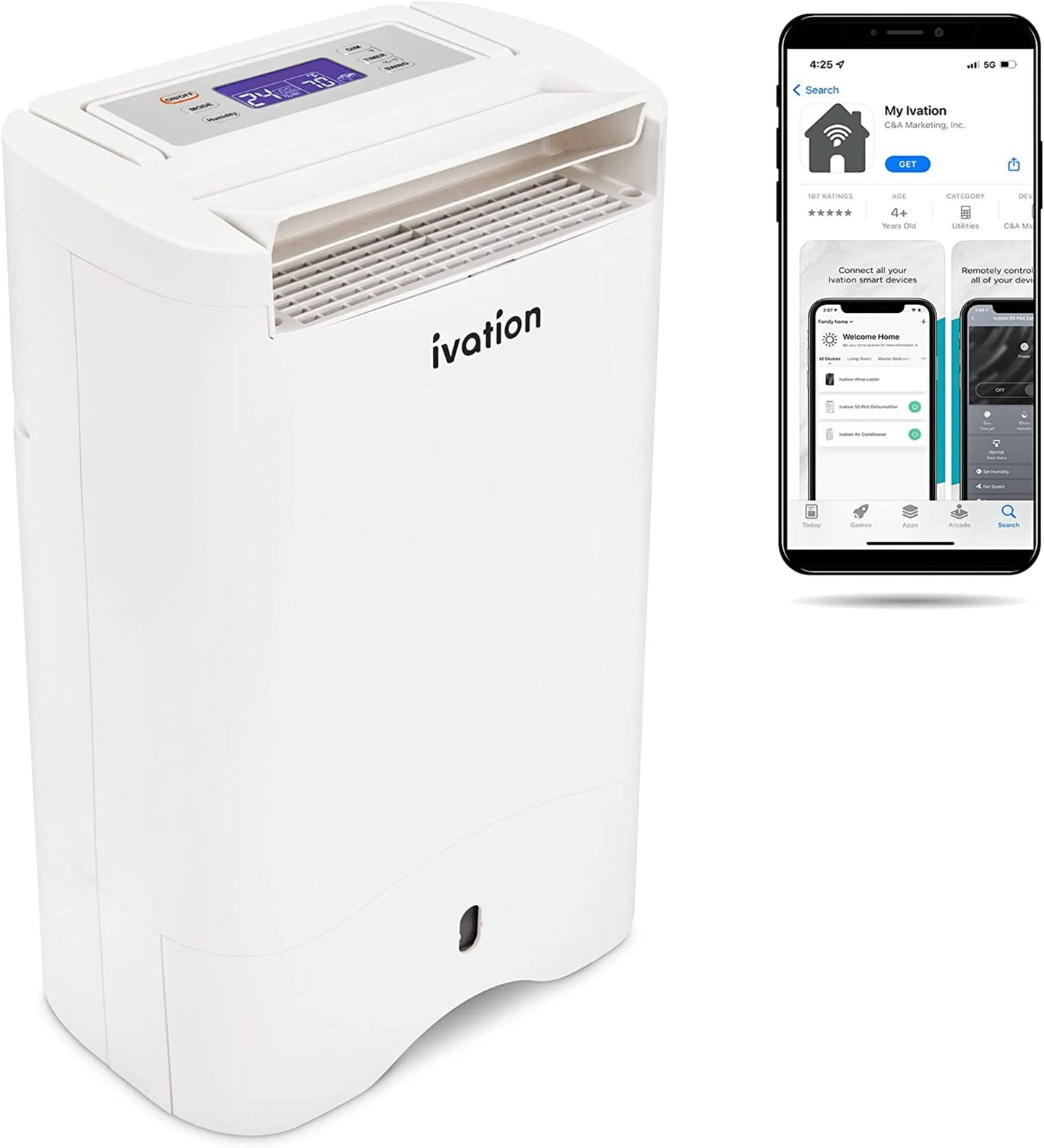 Ivation 20-Pint 2-Speed Wi-Fi Connected Dehumidifier (For Rooms 151- 400 sq ft) IVADDH09WIFI