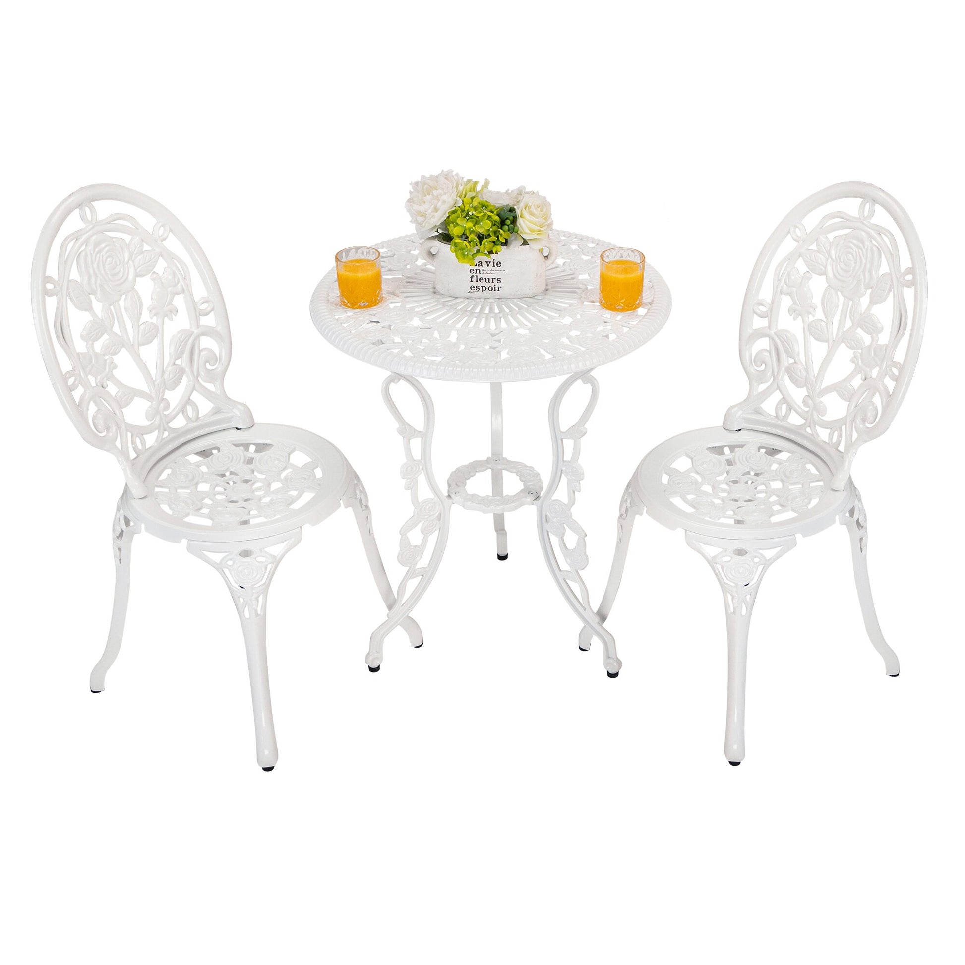 Mondawe 3 -Piece White Bistro Patio Dining Set Aluminum Round Table with 2 Stationary Chairs
