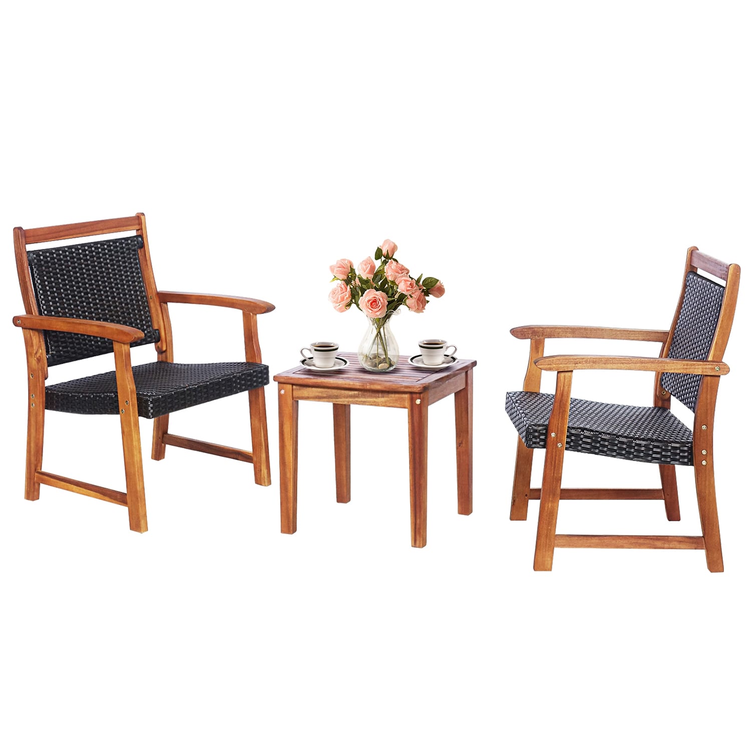 Forclover 3 Pieces Rattan Bistro Set with Acacia Wood Frame for Garden