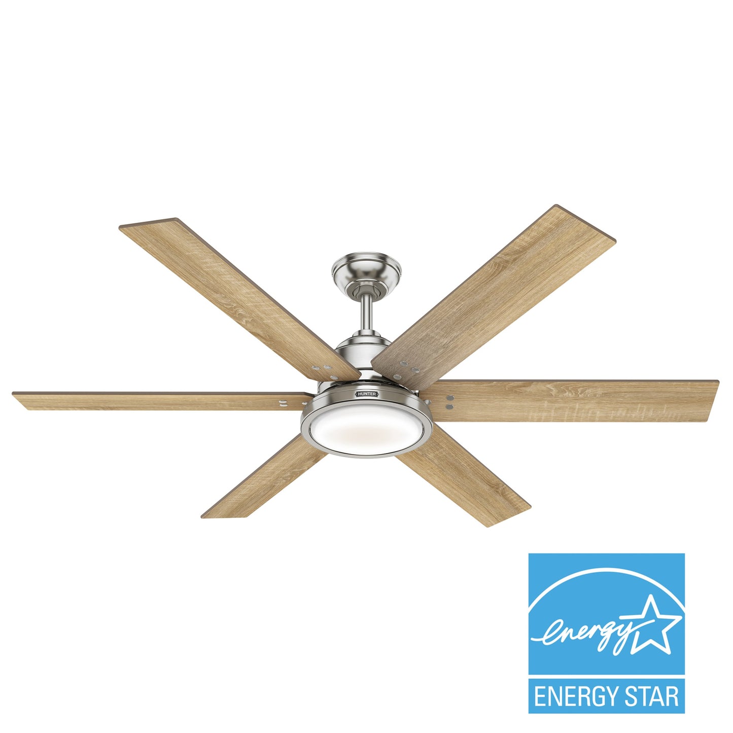 Hunter Warrant ENERGY STAR 60-in Integrated LED Brushed Nickel with Drifted Oak/Bleached Grey Pine Blades Ceiling Fan With Light ( 6 -Blade ) 1099716